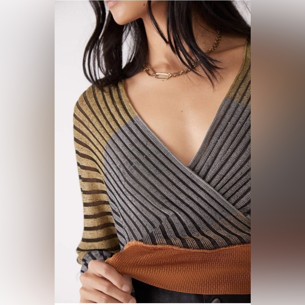 Free People Striped Wrap Ribbed Top in Gray, Mustard & Rust